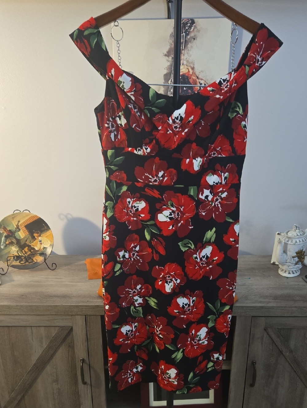 Premier Black Midi Dress with Red Floral Pattern